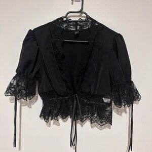 SHEIN Black Lace-Trim Puff Sleeve Tie-Front Top